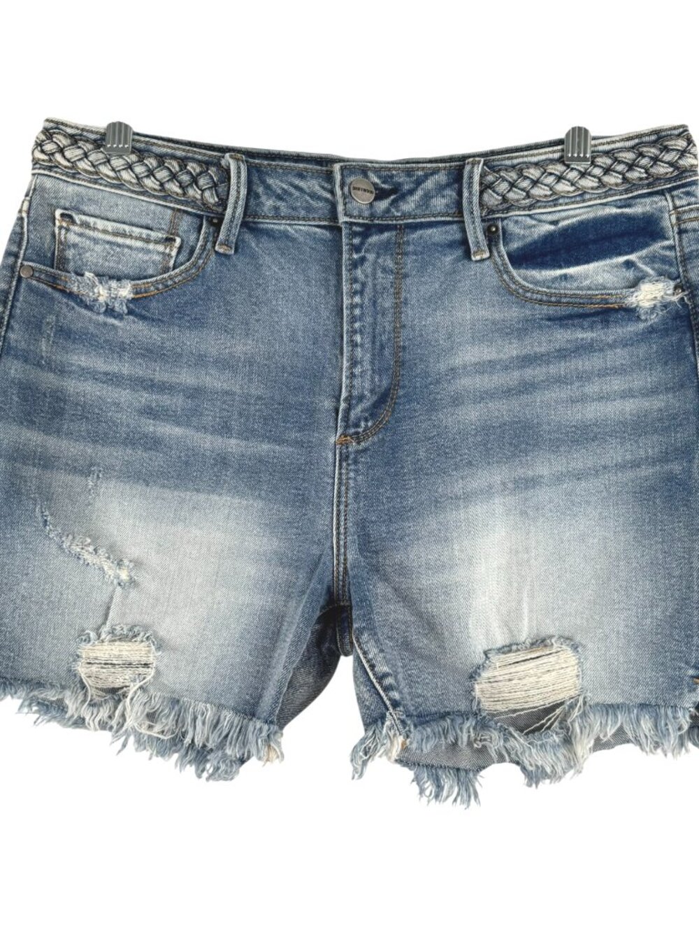 Driftwood Lulu Denim Jean Shorts Size 30 Blue Distressed Braided Waist SS-2324